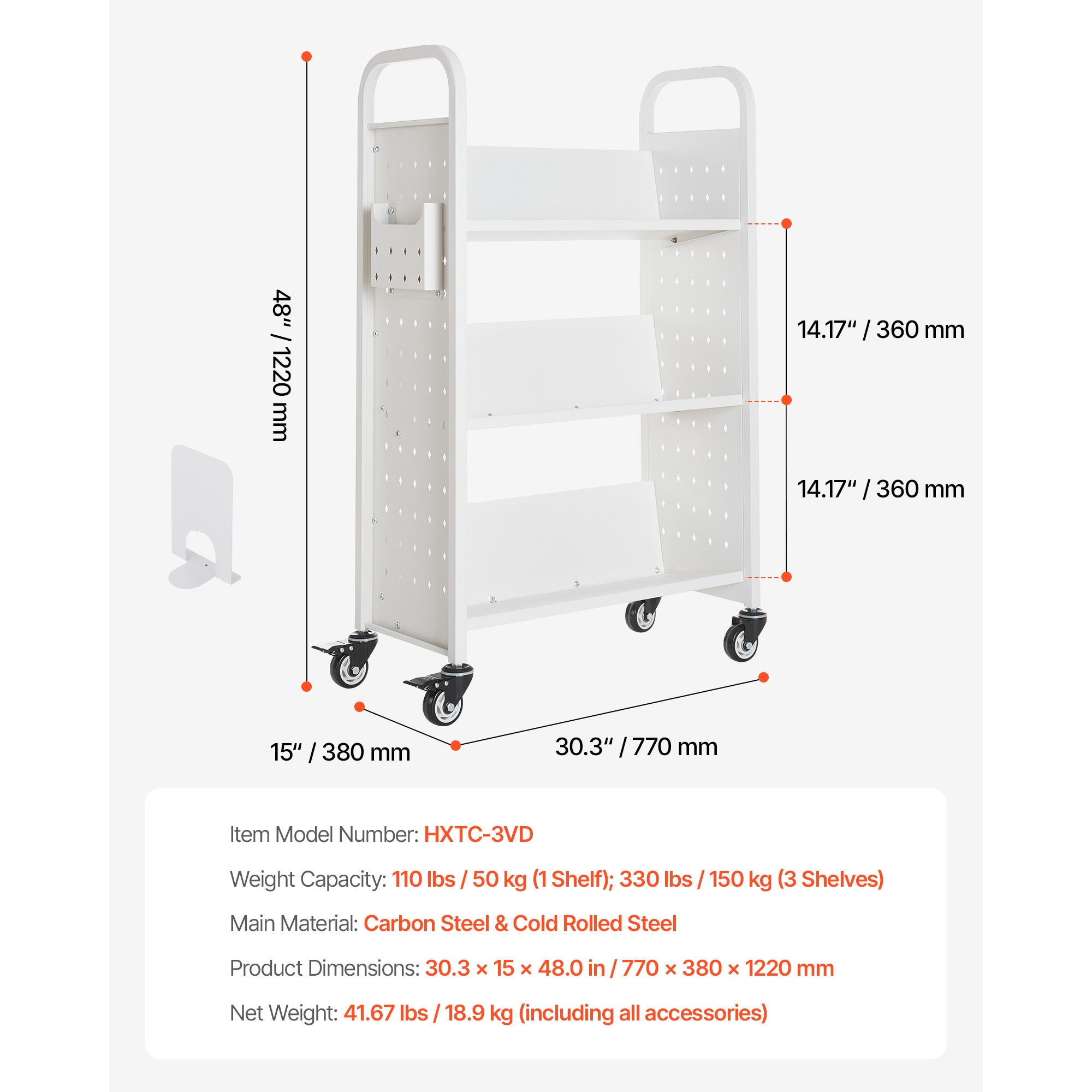 3-tier Rolling Book Cart With V-shaped Shelves In White_voghion.com
